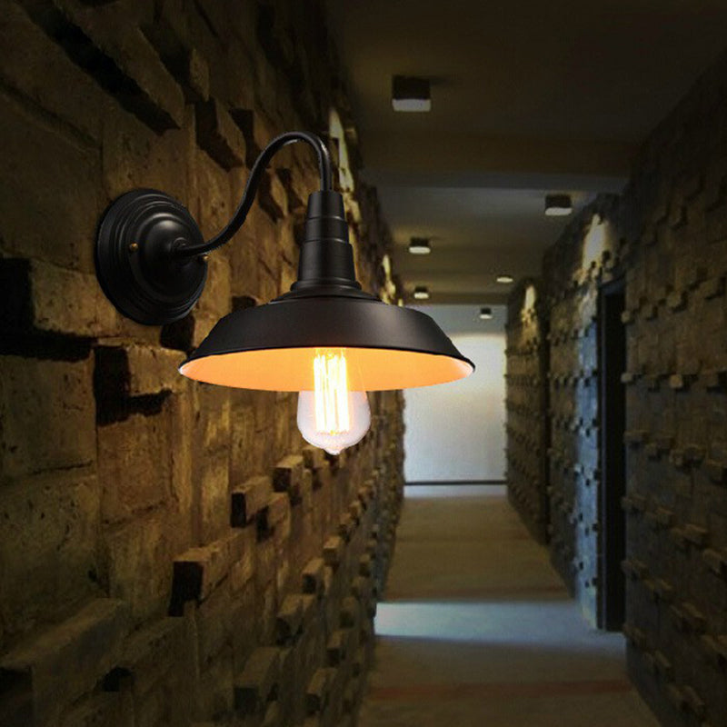 BowLift | Vintage Barn Wall Lighting 10"/14" Wide 1-Light Metal Gooseneck Wall Mount Lighting in Black