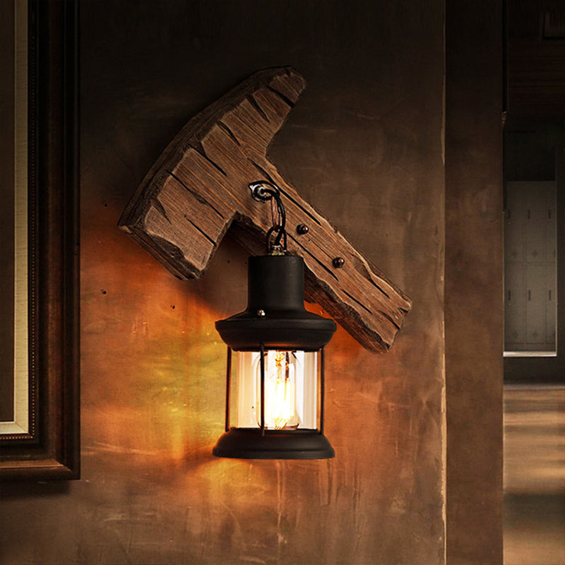 BowLift | 1-Light Lantern Wall Light Kit Landscape Brown Clear Glass Wall Pendant Lamp with Rectangular/Semi-Circular Wood Backplate