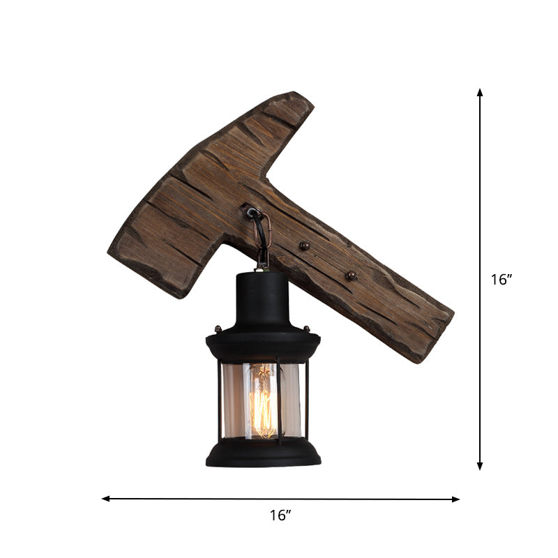 BowLift | 1-Light Lantern Wall Light Kit Landscape Brown Clear Glass Wall Pendant Lamp with Rectangular/Semi-Circular Wood Backplate