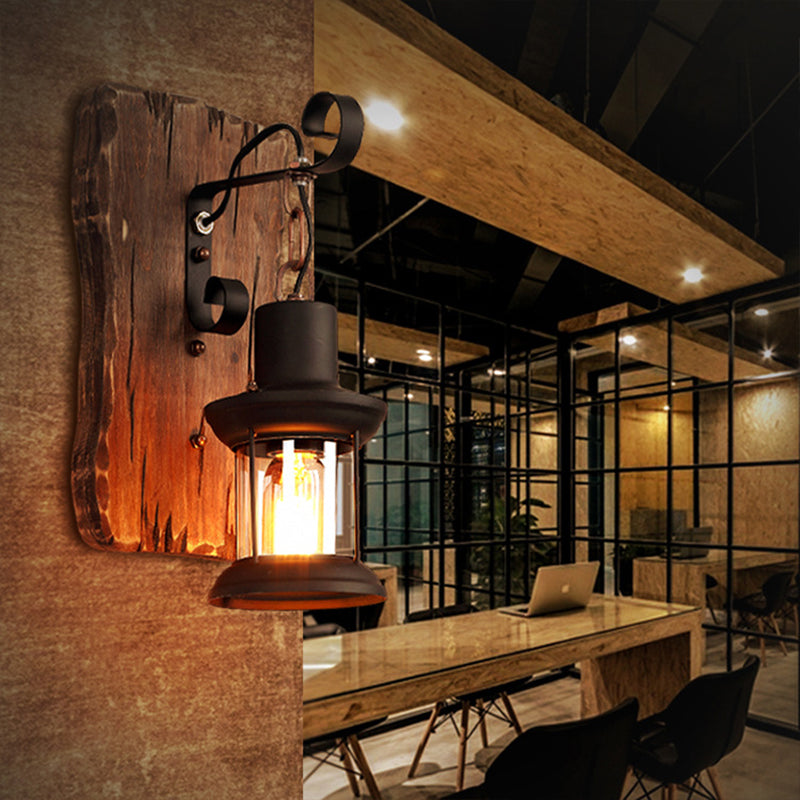 BowLift | 1-Light Lantern Wall Light Kit Landscape Brown Clear Glass Wall Pendant Lamp with Rectangular/Semi-Circular Wood Backplate