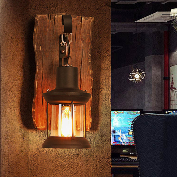 BowLift | 1-Light Lantern Wall Light Kit Landscape Brown Clear Glass Wall Pendant Lamp with Rectangular/Semi-Circular Wood Backplate
