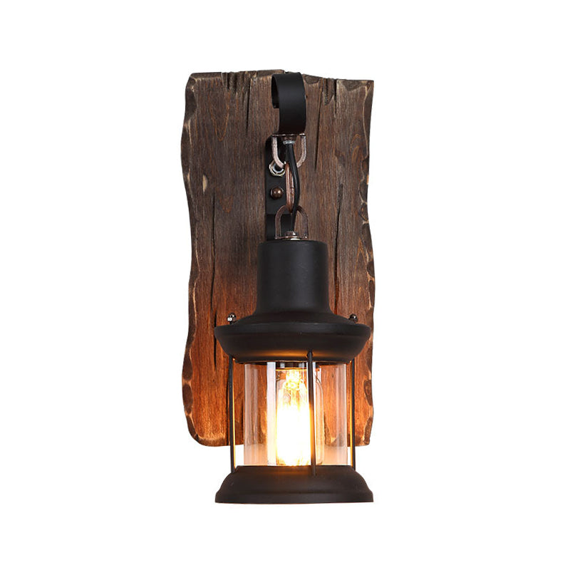 BowLift | 1-Light Lantern Wall Light Kit Landscape Brown Clear Glass Wall Pendant Lamp with Rectangular/Semi-Circular Wood Backplate
