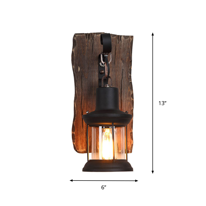 BowLift | 1-Light Lantern Wall Light Kit Landscape Brown Clear Glass Wall Pendant Lamp with Rectangular/Semi-Circular Wood Backplate