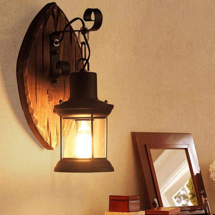 BowLift | 1-Light Lantern Wall Light Kit Landscape Brown Clear Glass Wall Pendant Lamp with Rectangular/Semi-Circular Wood Backplate
