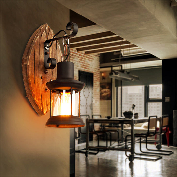 BowLift | 1-Light Lantern Wall Light Kit Landscape Brown Clear Glass Wall Pendant Lamp with Rectangular/Semi-Circular Wood Backplate