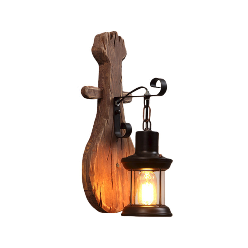 BowLift | 1-Light Lantern Wall Light Kit Landscape Brown Clear Glass Wall Pendant Lamp with Rectangular/Semi-Circular Wood Backplate