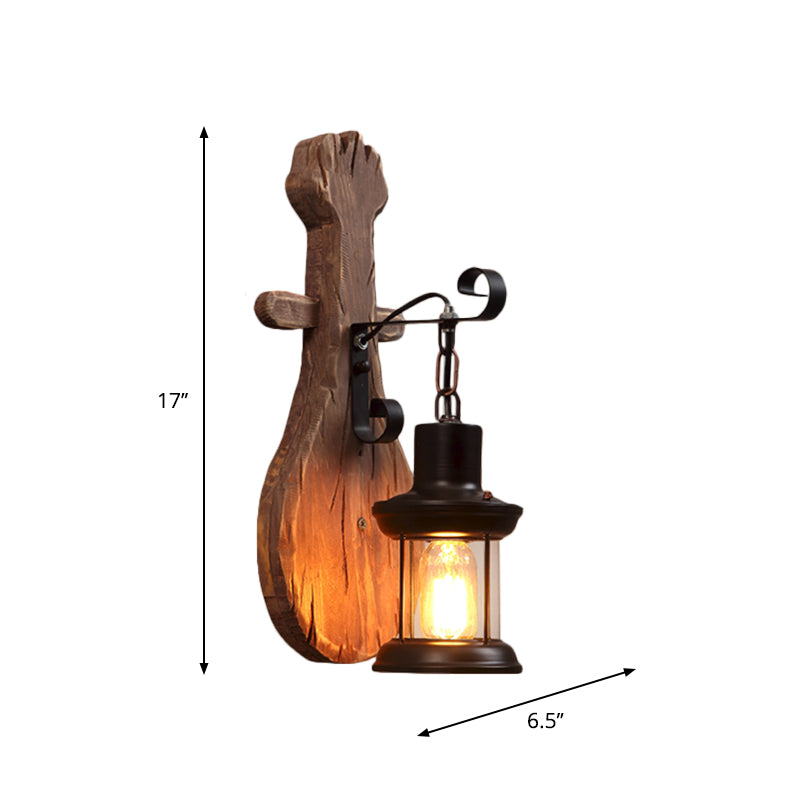 BowLift | 1-Light Lantern Wall Light Kit Landscape Brown Clear Glass Wall Pendant Lamp with Rectangular/Semi-Circular Wood Backplate