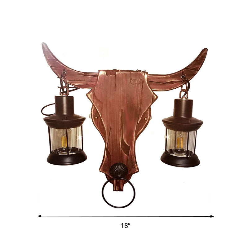 BowLift | 1/2-Light Clear Glass Wall Lamp Rustic Brown Lantern/Kerosene Kitchen Wall Mount Light with Ox/Oval Wooden Backplate