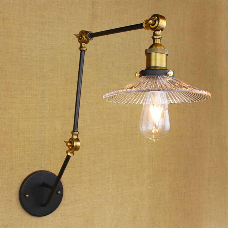 BowLift | Adjustable 3-Joint Arm Iron Wall Lamp Industry 1 Head Bedroom Wall Reading Light with Globe/Saucer Clear Glass Shade