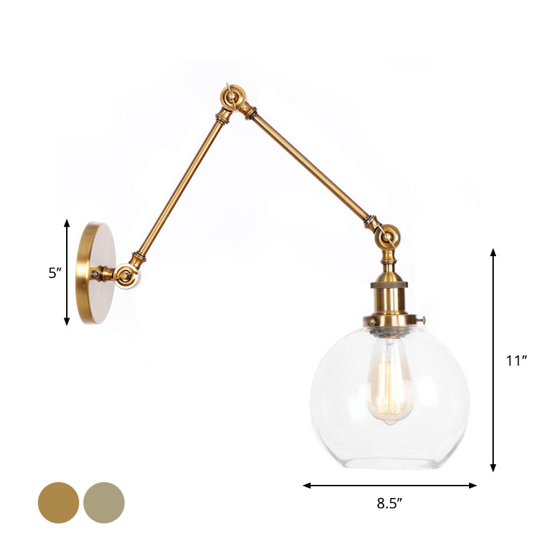 BowLift | 1-Light Clear Glass Wall Light Fixture Aged Brass/Bronze Swing Arm Wall Lamp with Bell/Ball Clear Glass Shade