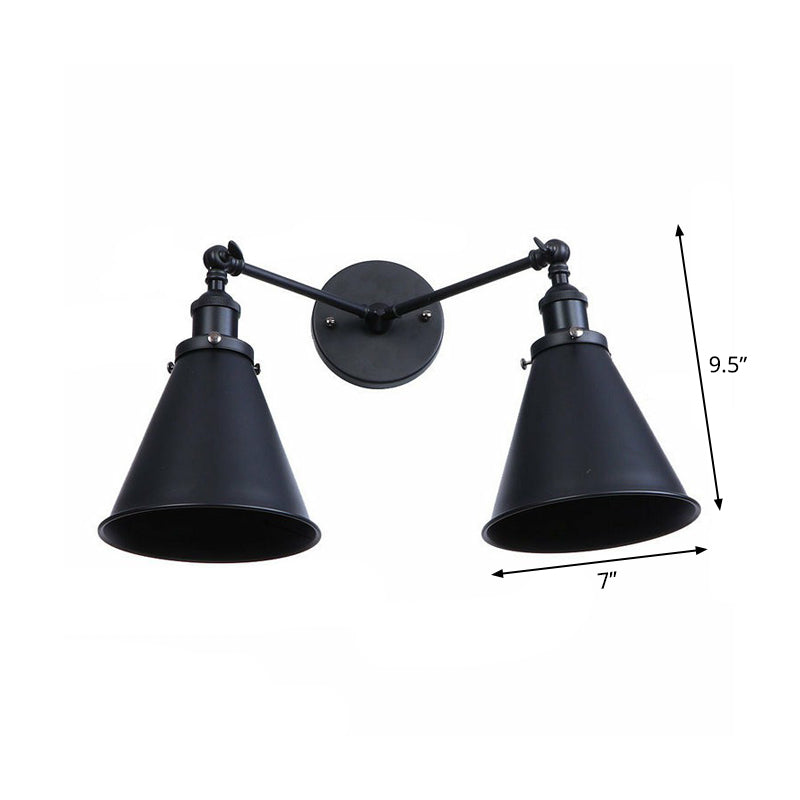 BowLift | 2 Lights Wall Mounted Lamp Retro Cone/Shell Pivot Shade Metal Wall Light in Black for Bathroom