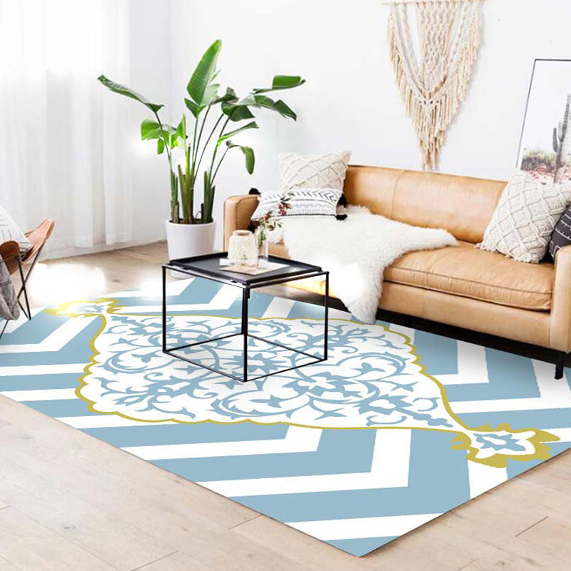 BowLift | Blue and white Moroccan carpet polyester medallion pattern carpet pet-friendly washable anti-slip backing carpet for decoration