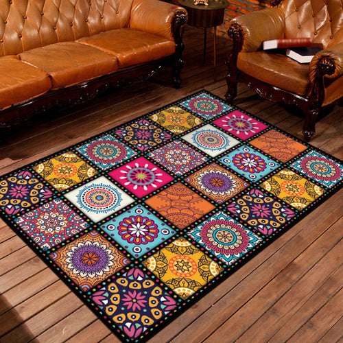 Moroccan square floral pattern rug Multicolored polyester rug with non-slip backing Living room rug | Bowlift