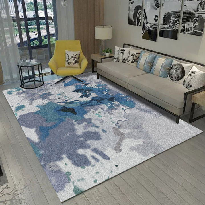 Unique abstract patterned rug gray and blue polyester rug non-slip back washable rug for the bedroom | Bowlift