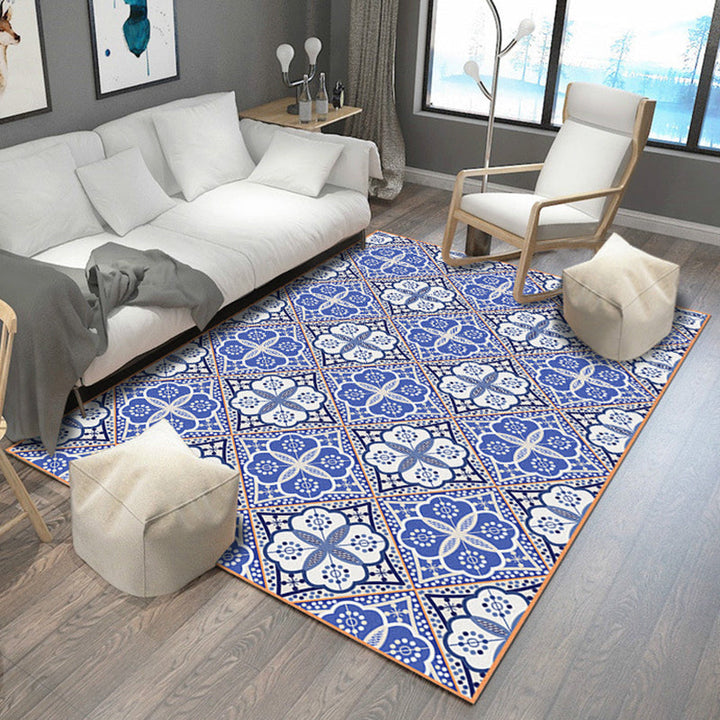 BowLift | Moroccan Flower Square Print Carpet in Blue and White Polyester Rug Machine Washable Area Rug for Living Room