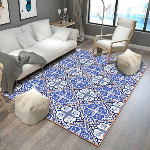 BowLift | Moroccan Flower Square Print Carpet in Blue and White Polyester Rug Machine Washable Area Rug for Living Room