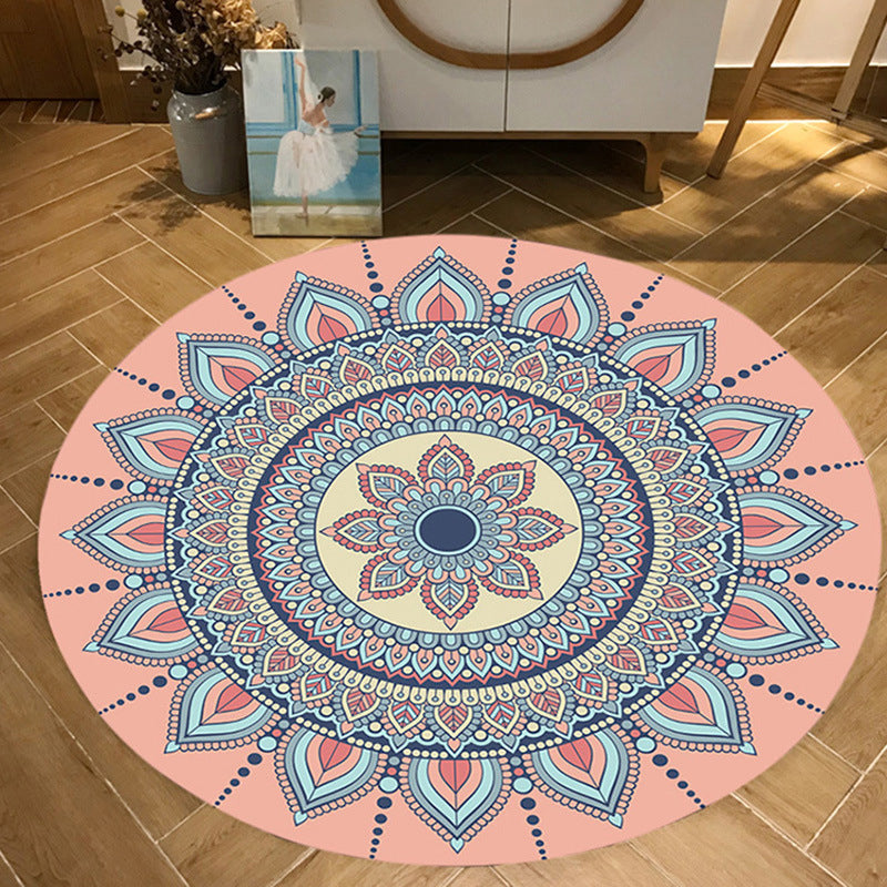 Moroccan floral printed carpet Pink and Blue fleece carpet machine washable anti-slip area rug for the bedroom | Bowlift