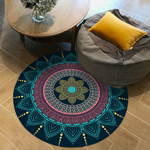 Moroccan floral printed carpet Pink and Blue fleece carpet machine washable anti-slip area rug for the bedroom | Bowlift
