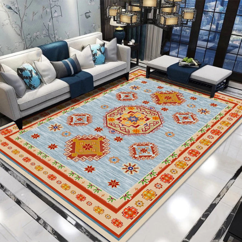 BowLift | Moroccan Living Room Carpet in Blue and Red Medallion Flower Pattern Carpet Polyester Machine Washable Carpet