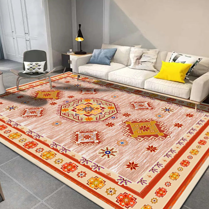 BowLift | Moroccan Living Room Carpet in Blue and Red Medallion Flower Pattern Carpet Polyester Machine Washable Carpet