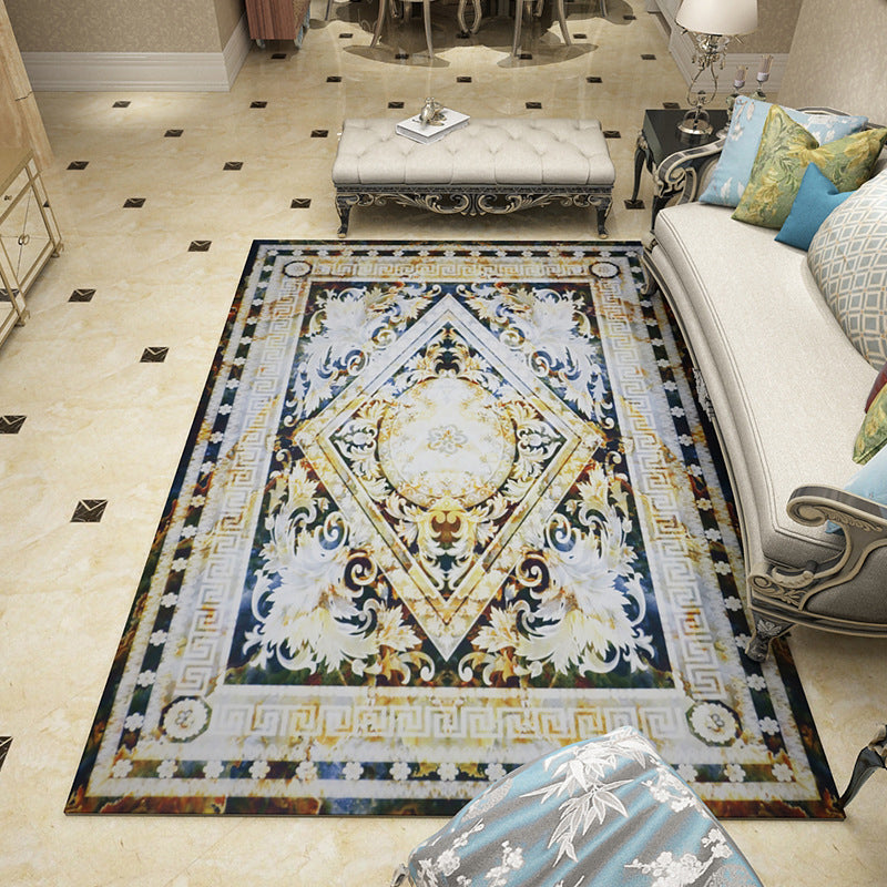 Mediterranean Moroccan rug in black and white medallion floral pattern rug polyester washable rug for home decor | Bowlift