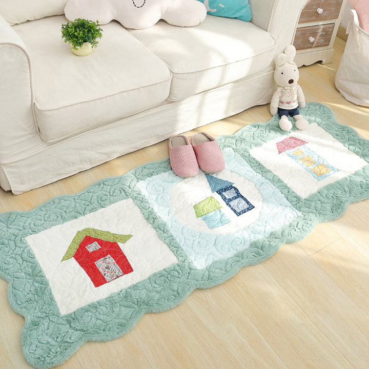 BowLift | Novelty House Pattern Rug Green and Gray Children's Rug Polyester Washable Pet-Friendly Non-Slip Rug for Children's Room
