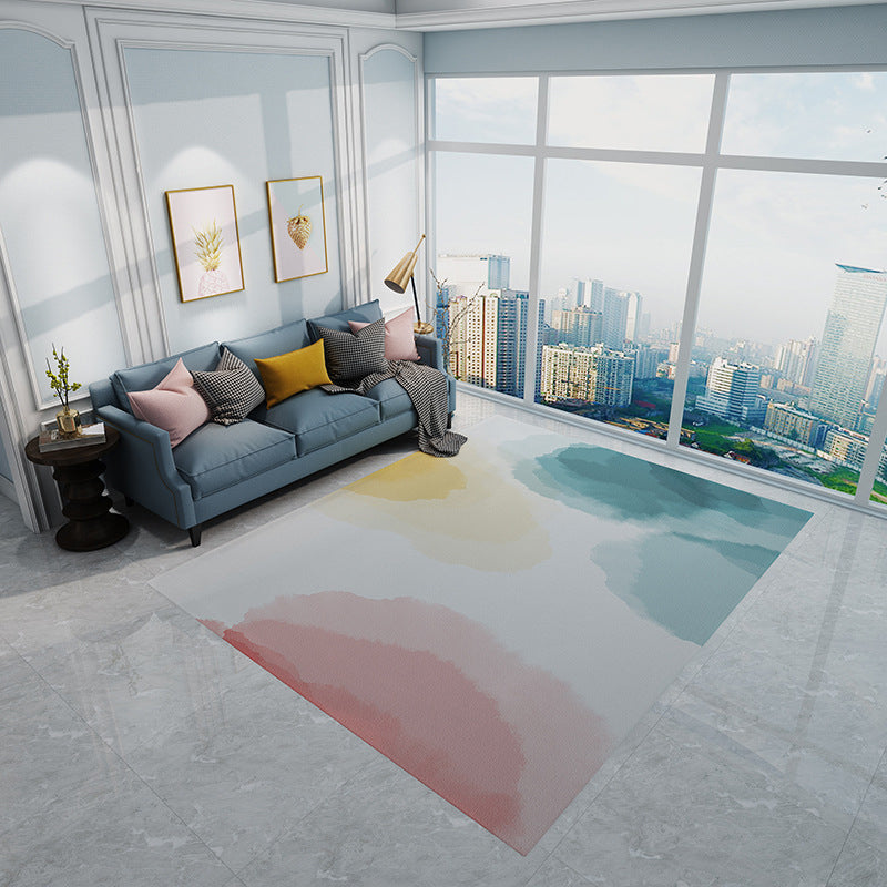 Stylish watercolor pattern rug blue and pink modern rug flannel pet-friendly washable rug for the living room | Bowlift