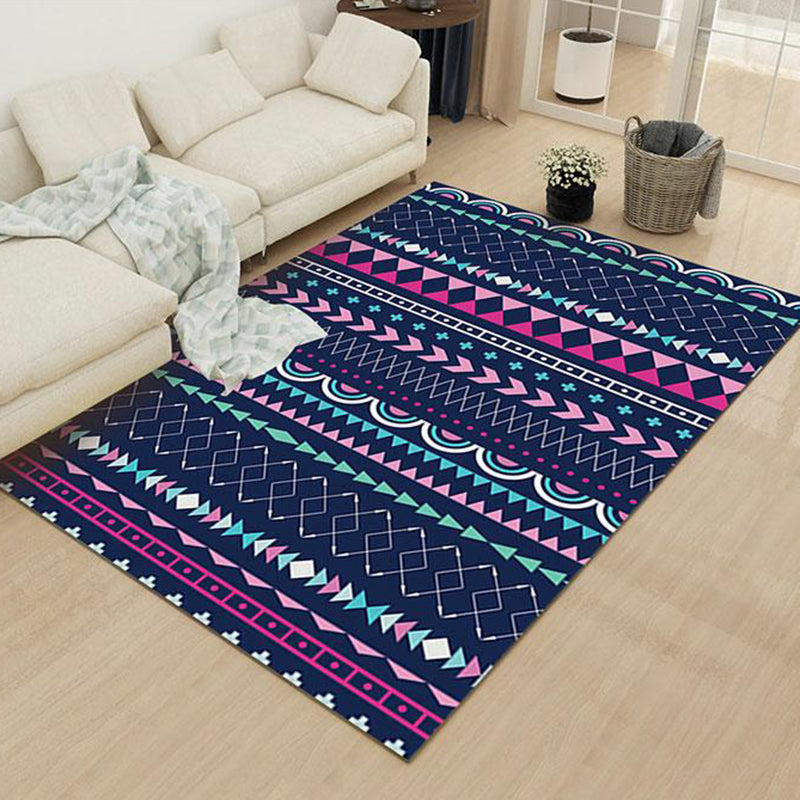 BowLift | Striped geometric rug with diamond pattern and diamond polyester pet friendly stain resistant indoor mat in blue and purple