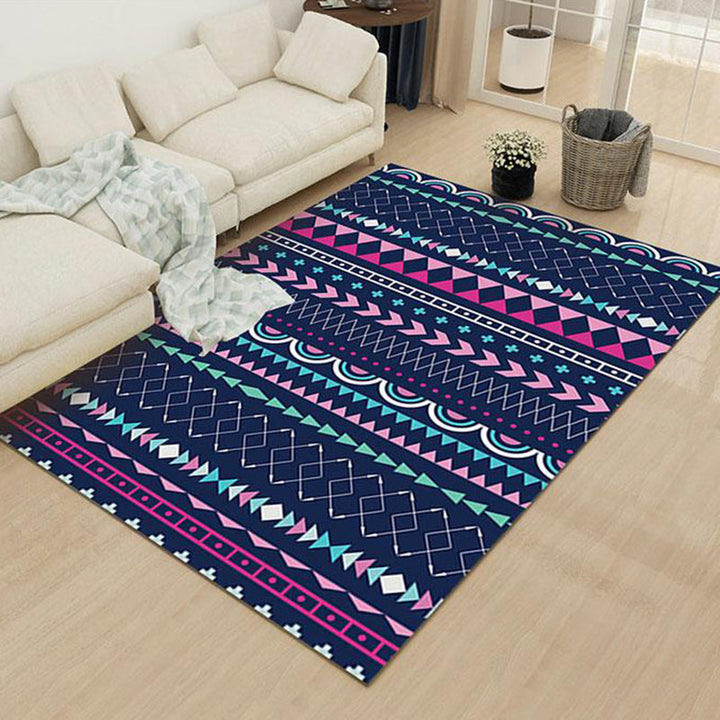 BowLift | Striped geometric rug with diamond pattern and diamond polyester pet friendly stain resistant indoor mat in blue and purple