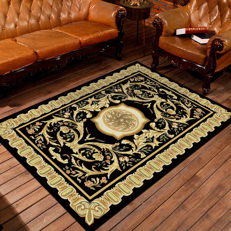 Moroccan living room rug in black and yellow with floral leaf pattern print rug polyester area rug | Bowlift