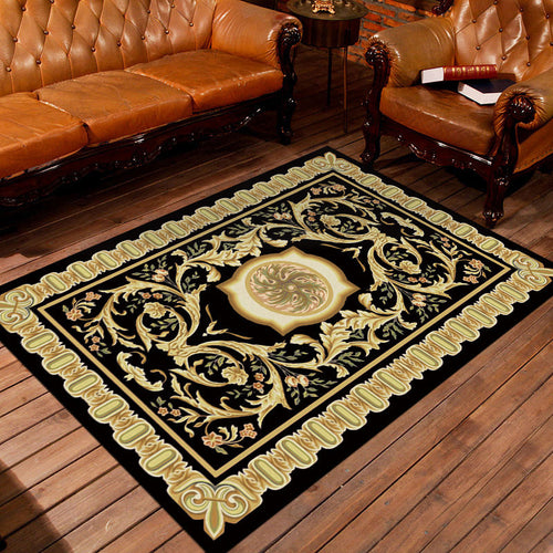 Moroccan living room rug in black and yellow with floral leaf pattern print rug polyester area rug | Bowlift