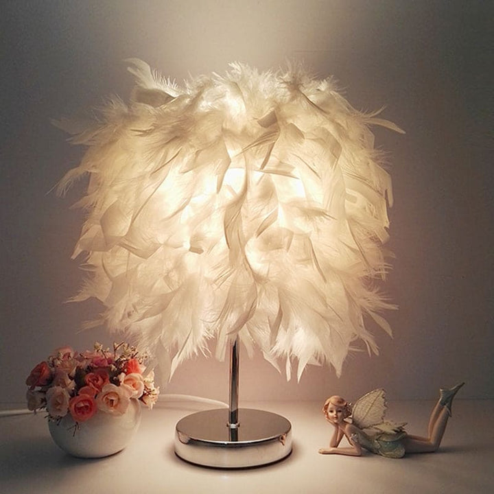 Round feather lamp - decorative table lamp for living room, bedside & battery, dimmable, wireless | Bowlift