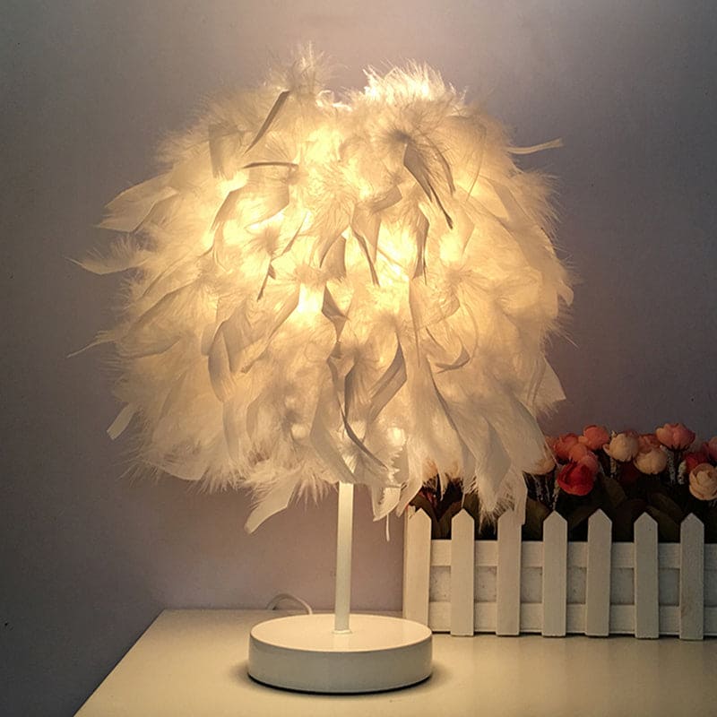Round feather lamp - decorative table lamp for living room, bedside & battery, dimmable, wireless | Bowlift
