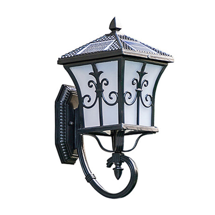 BowLift | Frosted Glass Curved Lantern Wall Light Traditional Terrace Small/Large Solar LED Wall Lamp in Black/Brass