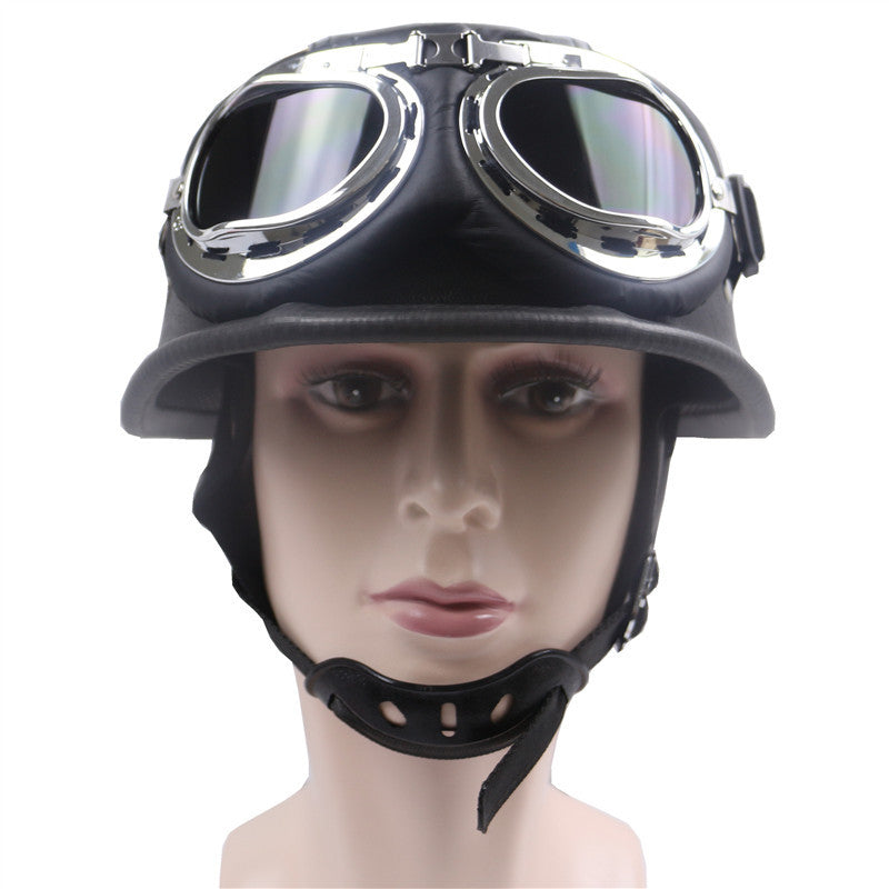 Vintage Leather Motorcycle Helmet with Chrome Goggles Bowlift