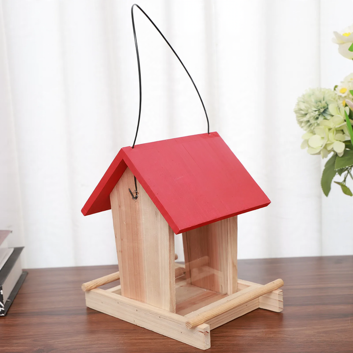 Wooden birdhouse with feeding station for hanging