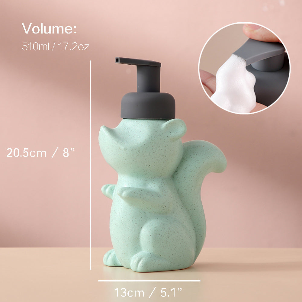 BowLift | Ceramic Soap Dispenser, Squirrel Foam Pump Bathroom Bottle, Animal Design, Refillable Reusable Lotion Pump for Bathroom Kitchen, 510ml/17.2oz
