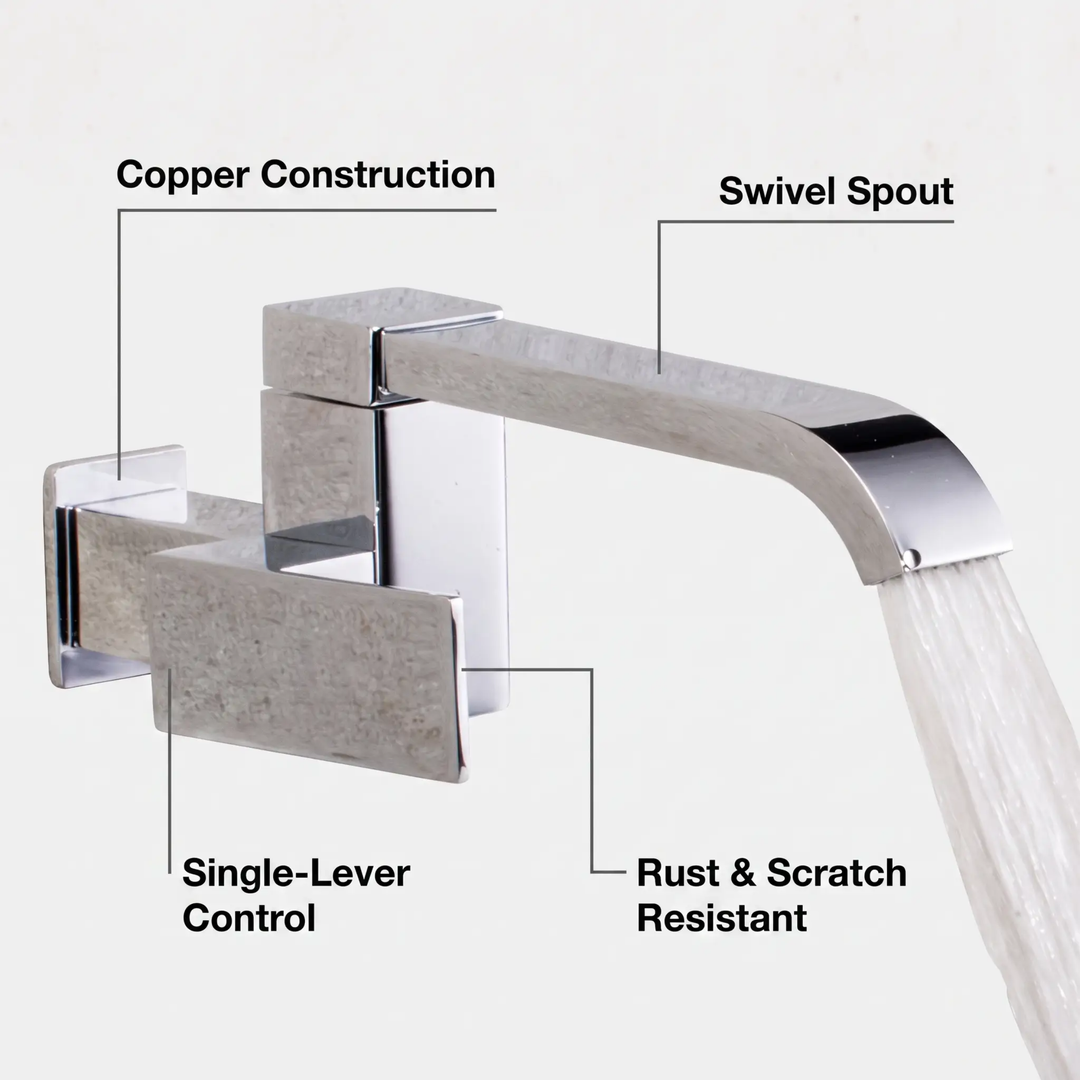 BowLift | Contemporary Wall Mounted Bathroom Faucet Lever Handles Low Arc Swivel Brass Faucet