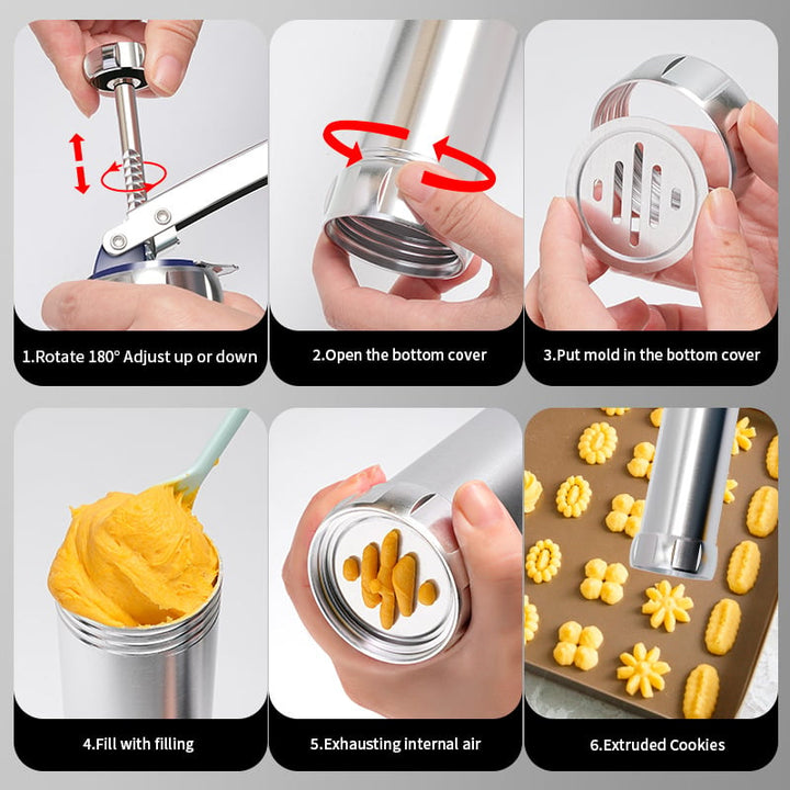 BowLift | Cookie Press Kit | 20 Stainless Steel Discs & 4 Nozzles | Adjustable Size & Easy Clean | BakeJoy