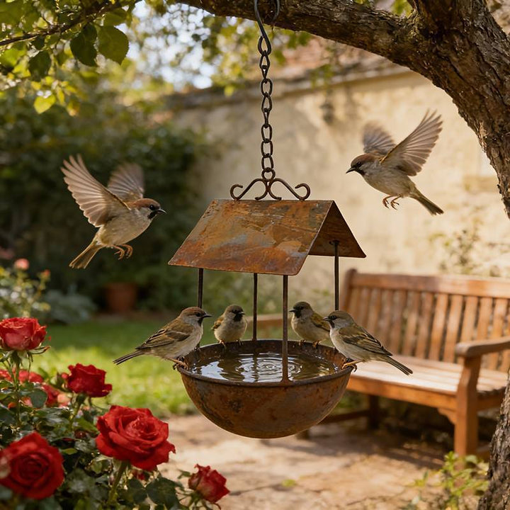 Hanging birdhouse made of iron in rust look