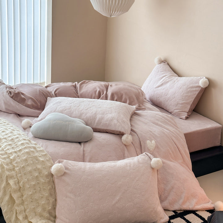 Milk fiber fleece bedding set, thickened, embossed