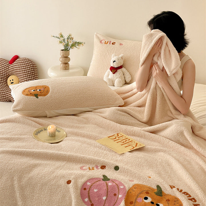 Double-sided lamb fleece blanket with cartoon print