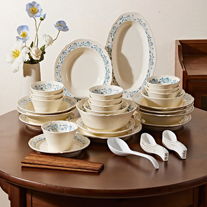 Ceramic dish set, floral pattern, Japanese style