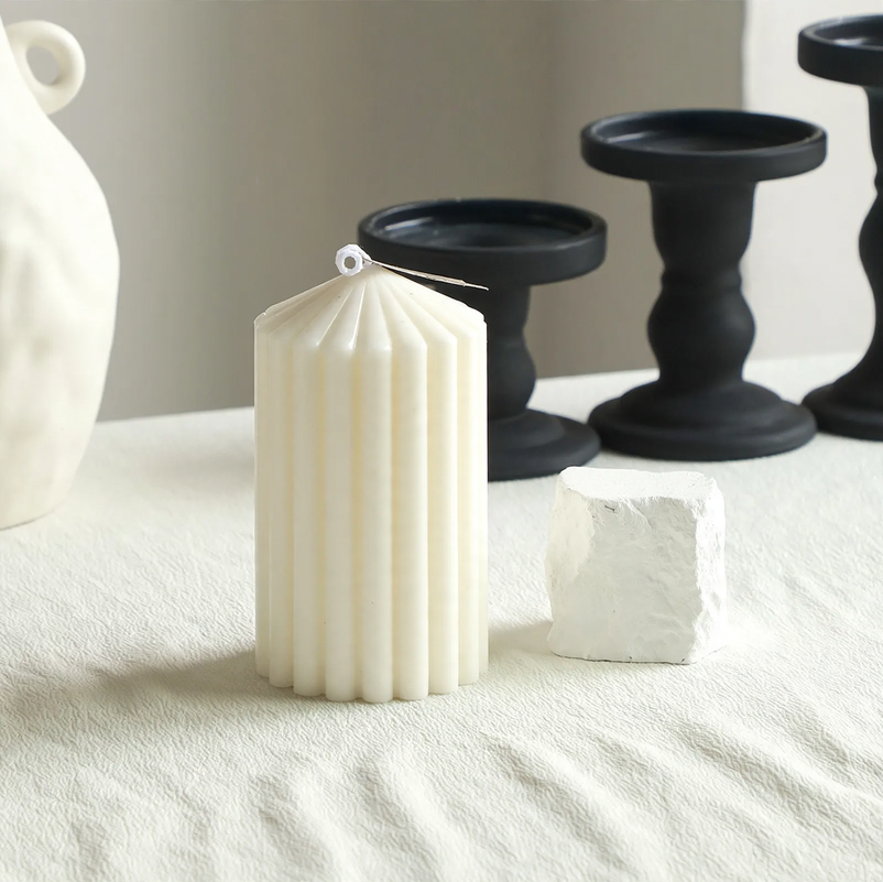 White geometric scented candle, Nordic, pillar shape
