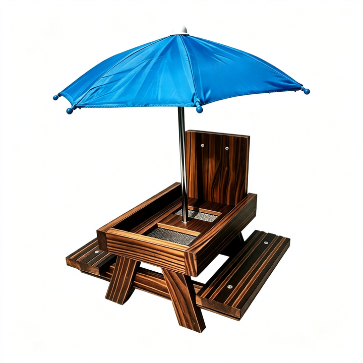 Pine wood squirrel feeding table with umbrella