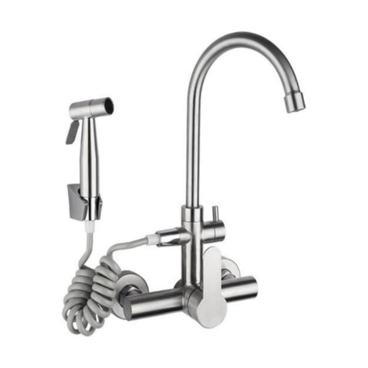 Wall-mounted mixing faucet with swivel outlet