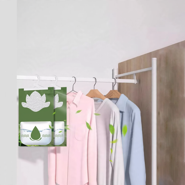 Hanging dehumidifying bag with fragrance