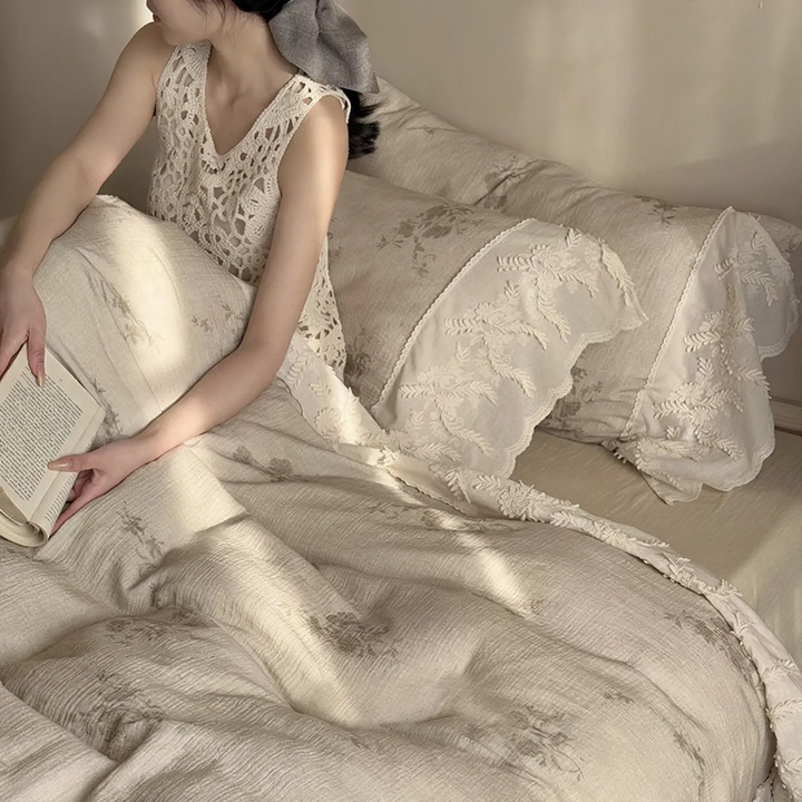 French cotton bedding set, muslin, embroidered