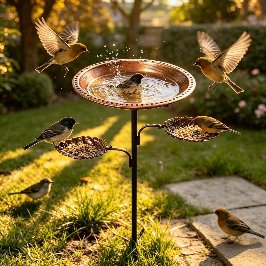 Bird bath and feeding station made of metal, leaf design