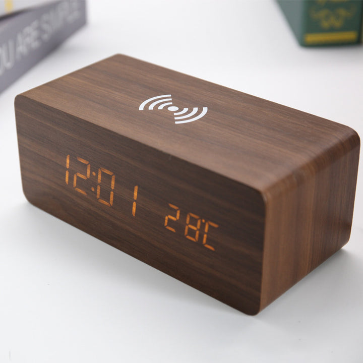 Wooden digital alarm clock with wireless charging function for smartphones